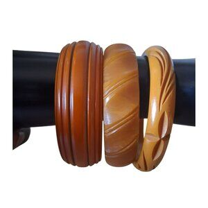 3 Vintage Bakelite Bangle Bracelets Carved Amber Butterscotch SEMICHROME TESTED